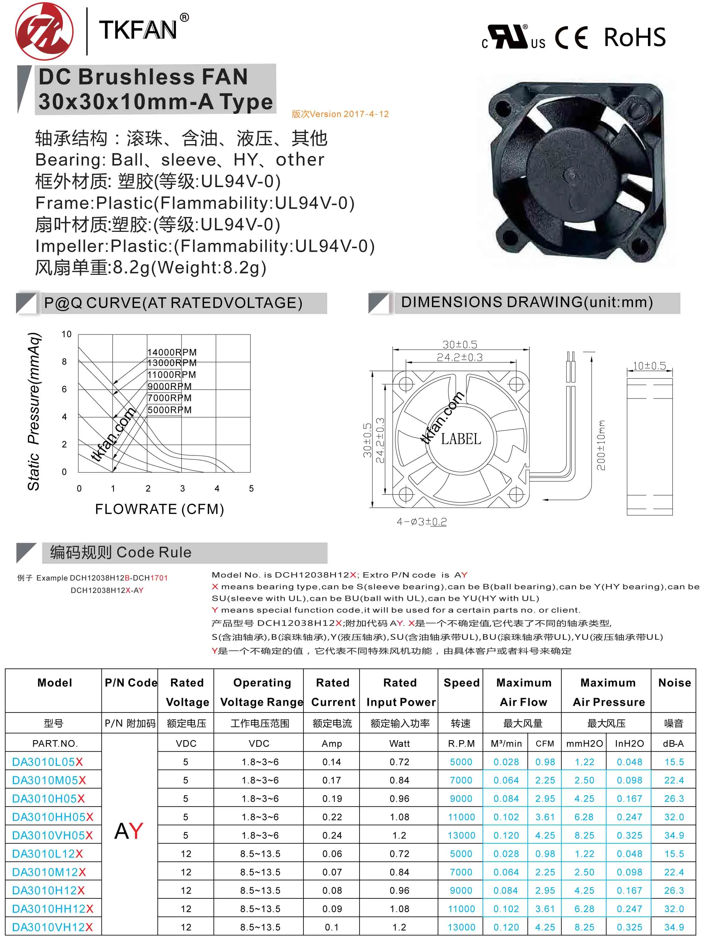  Micro fan DA3010VH05X Datasheet